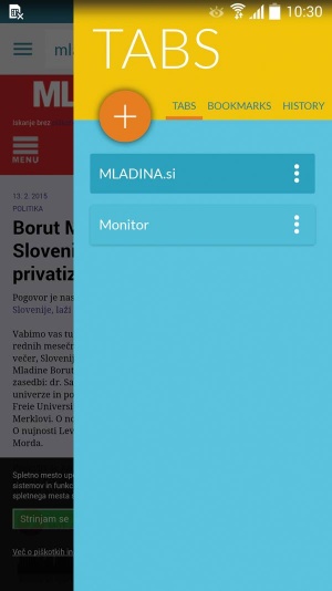 Skladno z zadnjim Androidom oblikovan uporabniški vmesnik brskalnika Javelin ima nerodno izvedene zavihke.